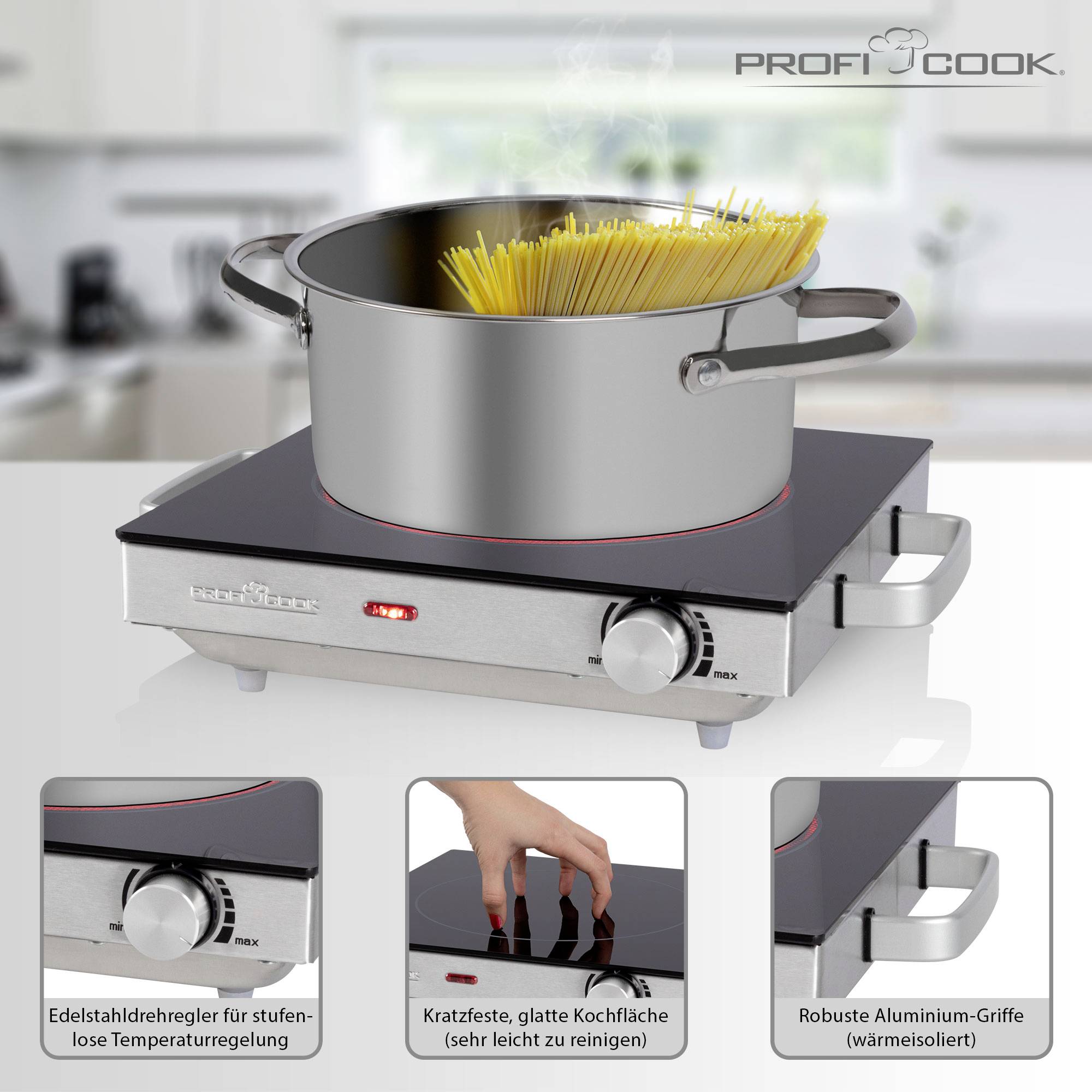 A saucepan of spaghetti on an electric hob. Details: stainless steel temperature control, scratch-resistant surface, heat-insulated handles.