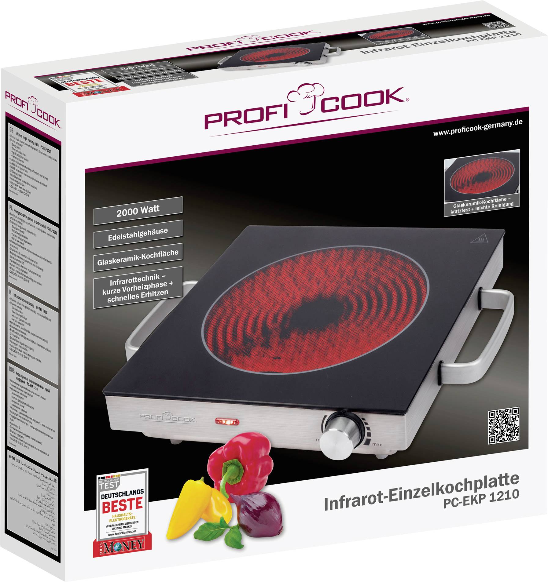 Infrared single hotplate with stainless steel casing and glass ceramic cooking surface. Power: 2000 watts. Model: PC-EKP 1210.