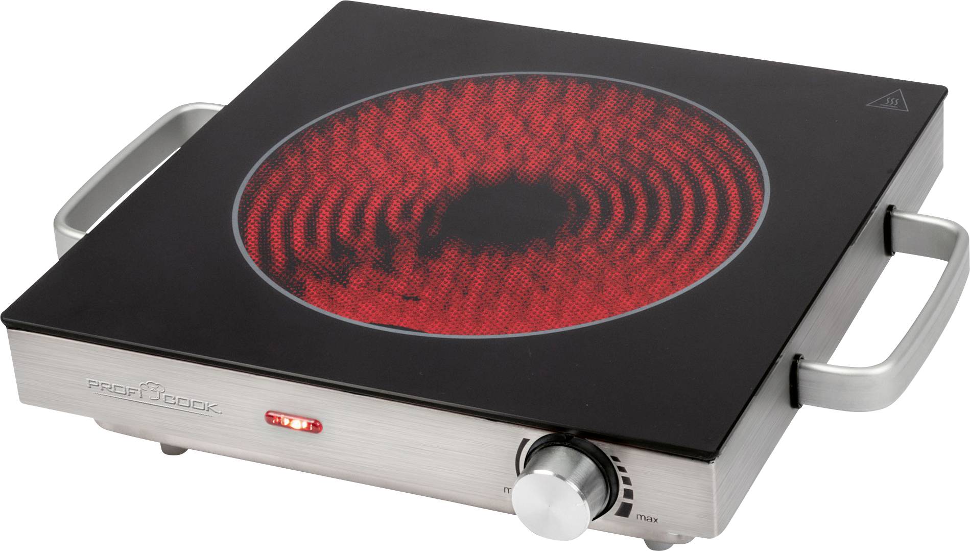 A portable electric hob with a red heating ring on a black surface, fitted with a rotary control knob and two side handles.