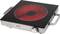A portable electric hob with a red heating ring on a black surface, fitted with a rotary control knob and two side handles.