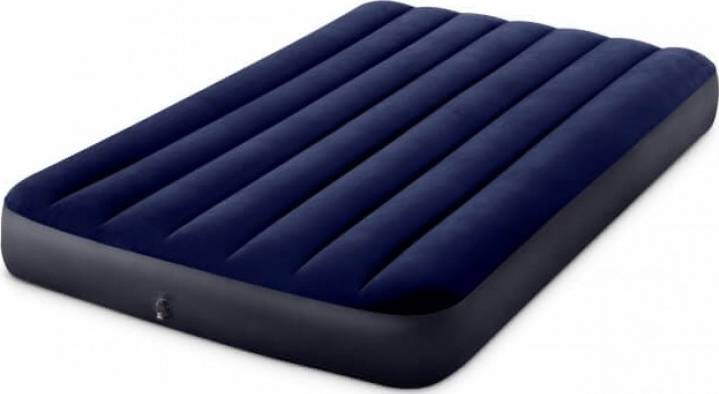 A dark blue, inflatable air mattress with longitudinal stripes, suitable for two people, is lying on a flat surface.