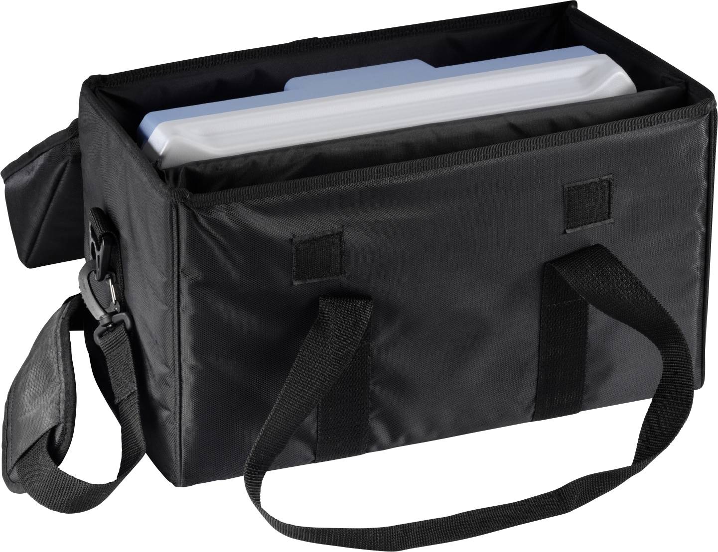 Black tote bag with handles and adjustable shoulder strap, containing slim box with blue folder. Suitable for document transport.