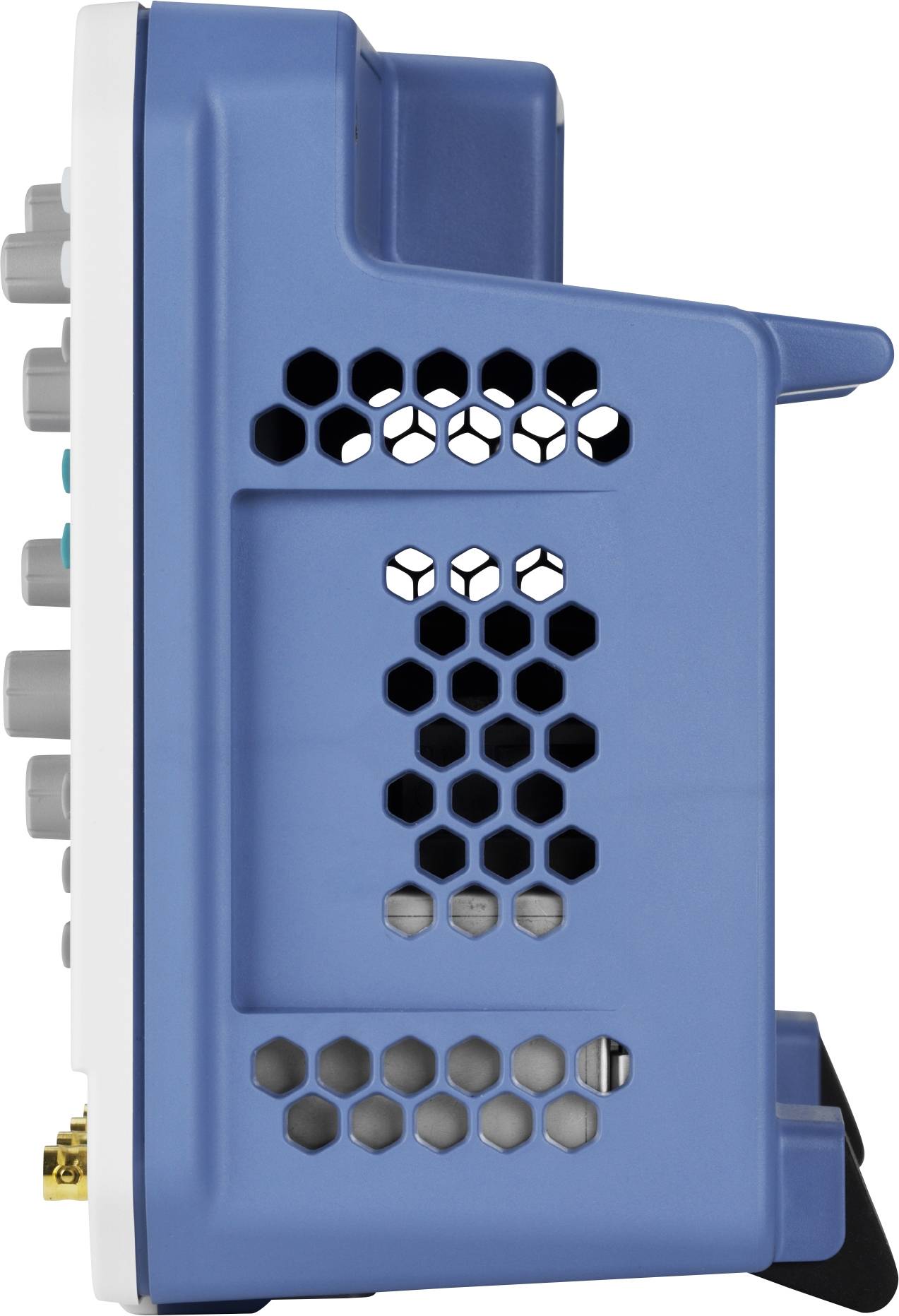 Side view of a blue electronic device with ventilation grille and multiple ports. The device is standing vertically.