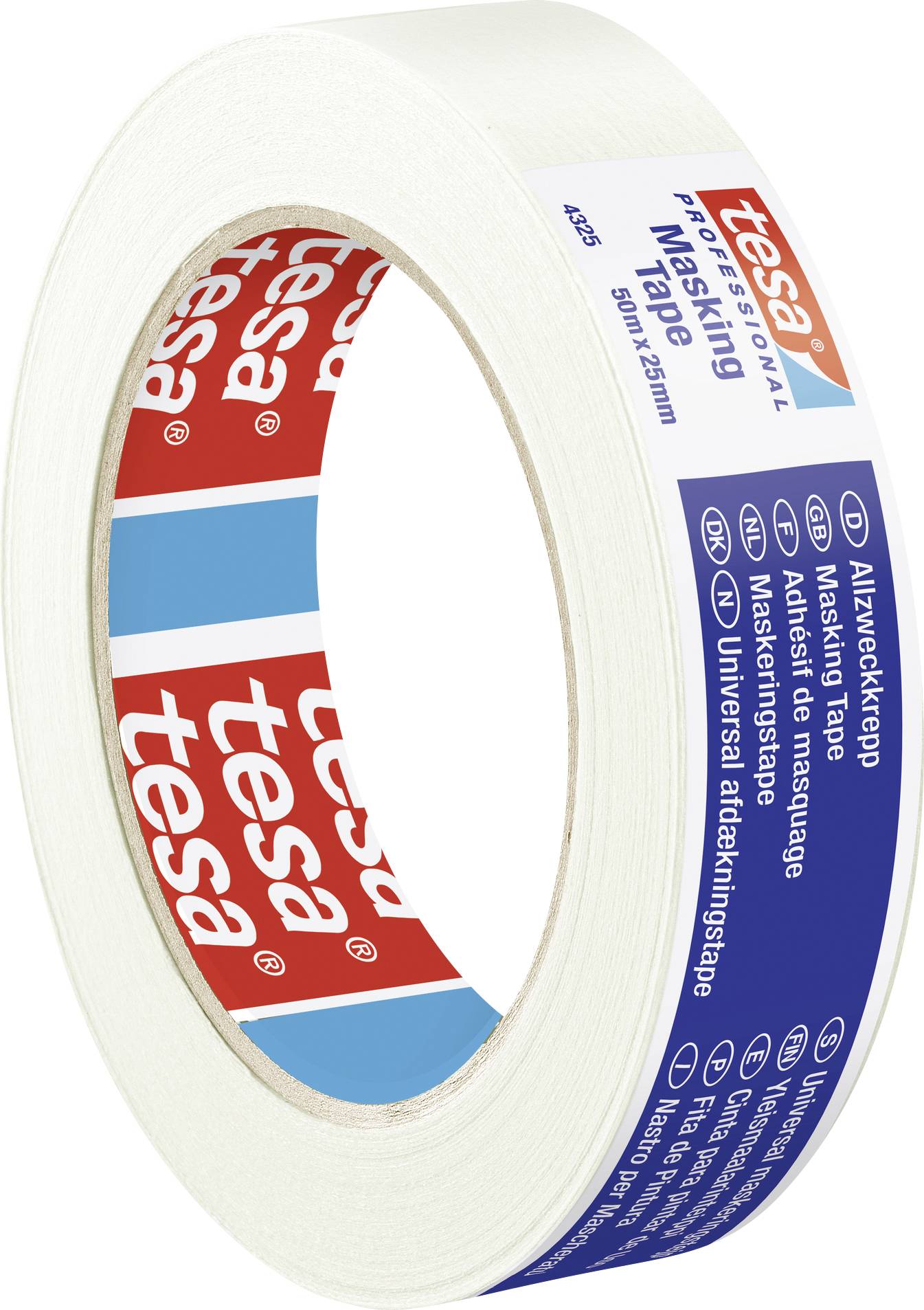 A roll of Tesa masking tape in white with blue and red packaging; suitable for versatile applications, 50 m x 25 mm size.