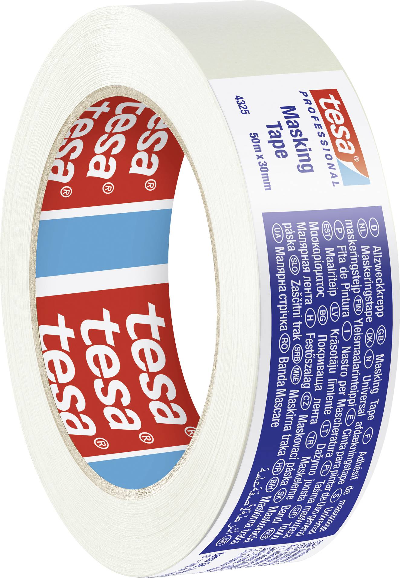 A roll of Tesa adhesive tape, white, with blue and red label. Suitable for masking work, 50 mm wide, 50 m long.
