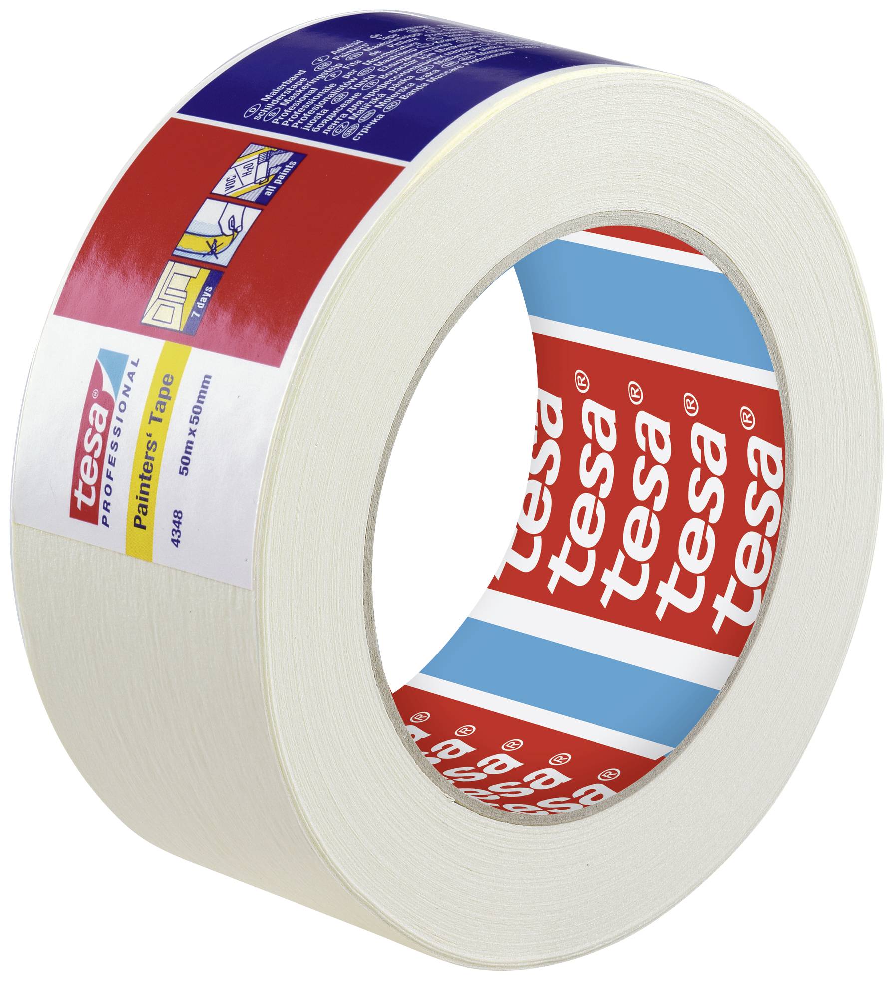 A roll of adhesive tape from Tesa with two labels. The outer label is multi-coloured, the inner one shows the Tesa logo repeated.