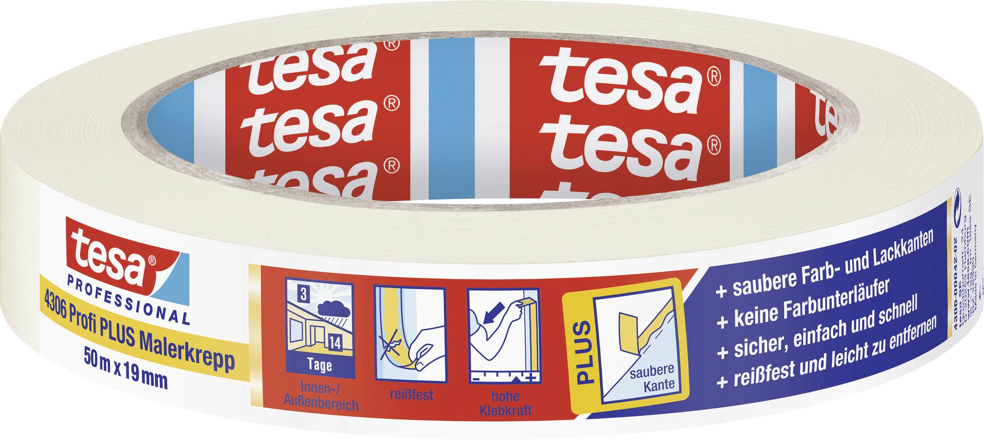Tesa masking tape with 50m length and 19mm width. Suitable for clean paint edges, easy to remove and tear-resistant.