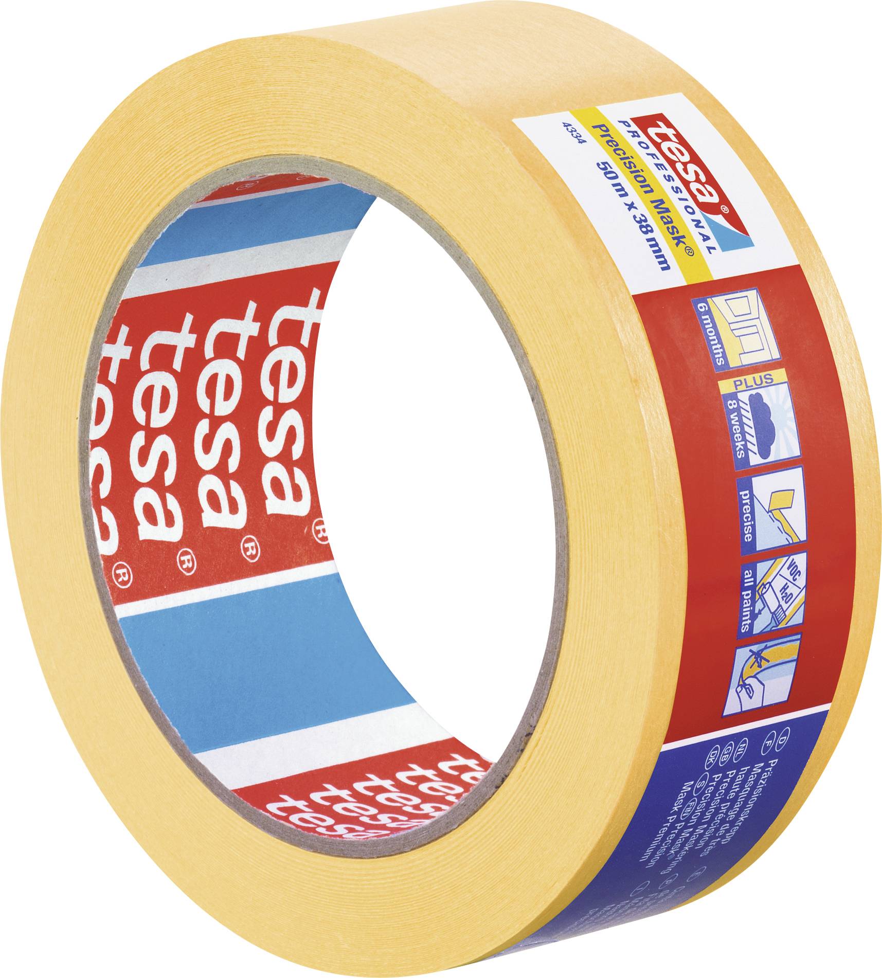 A roll of beige Tesa painter's tape with a red label. Blue application pictograms are visible on the packaging.