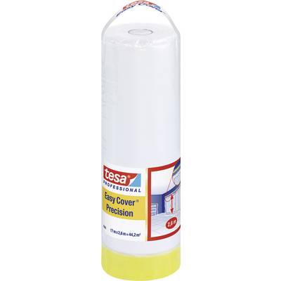 A roll of Tesa Professional Easy Cover Precision masking film. Packaging shows yellowish film and print '17m x 2.6m = 44.2m²'.