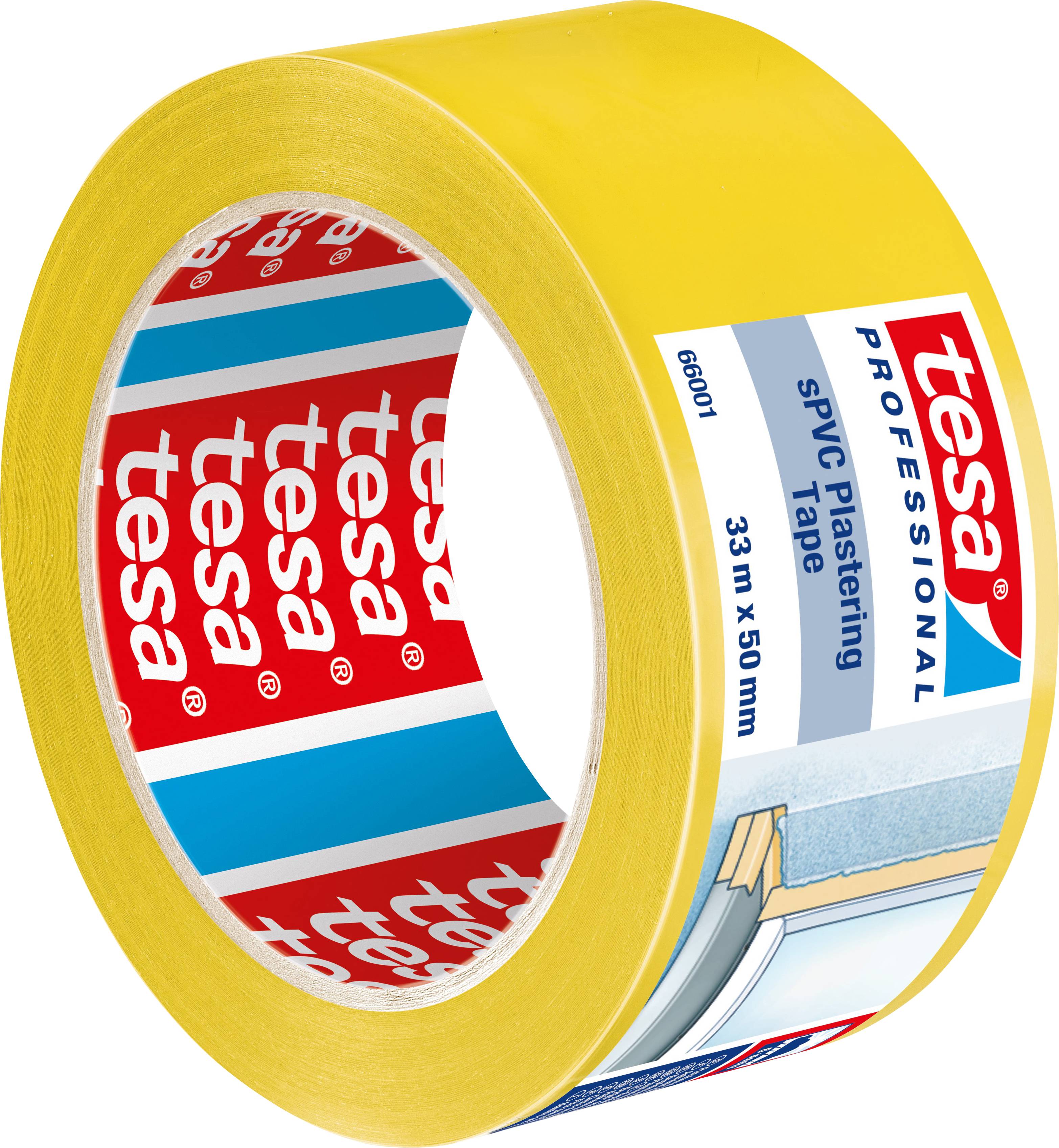 A roll of yellow PVC masking tape by tesa, 33 m long and 50 mm wide, specifically designed for professional use during painting and decorating work.