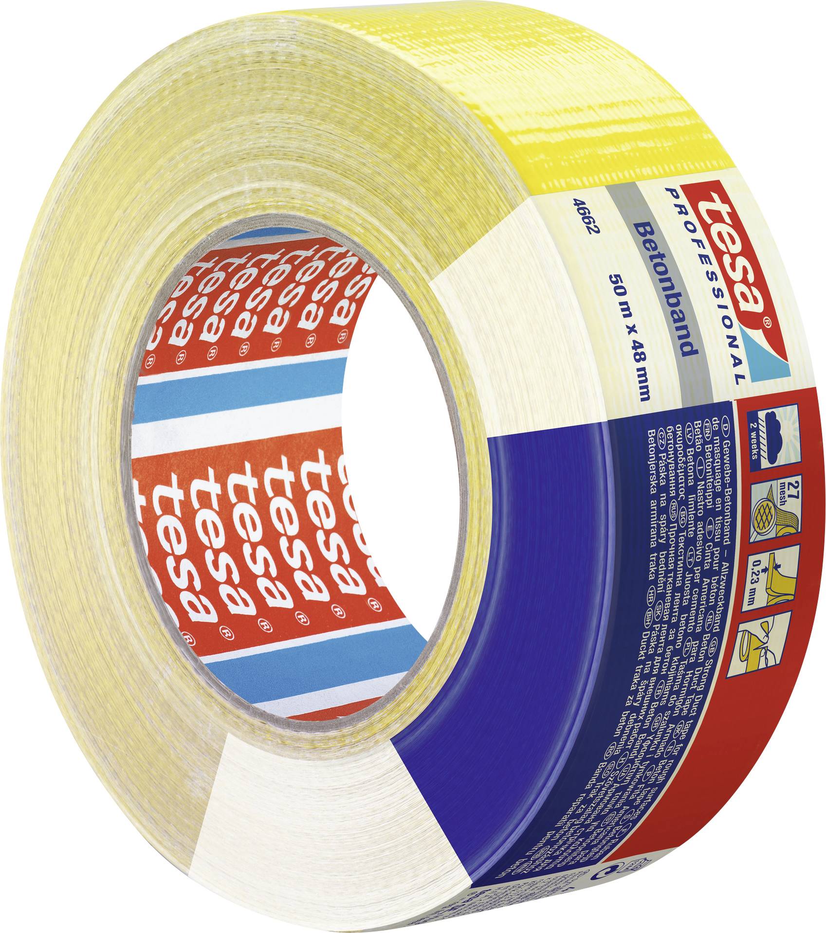 'A roll of Tesa adhesive tape in a yellow design, with blue and red details and a label displaying product specifications.'