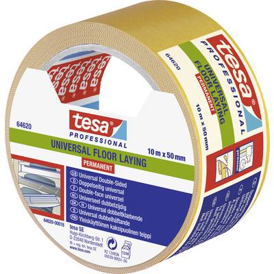 Roll of double-sided adhesive tape, Tesa brand, for permanent floor installation. Dimensions: 10 m x 50 mm, universally applicable.