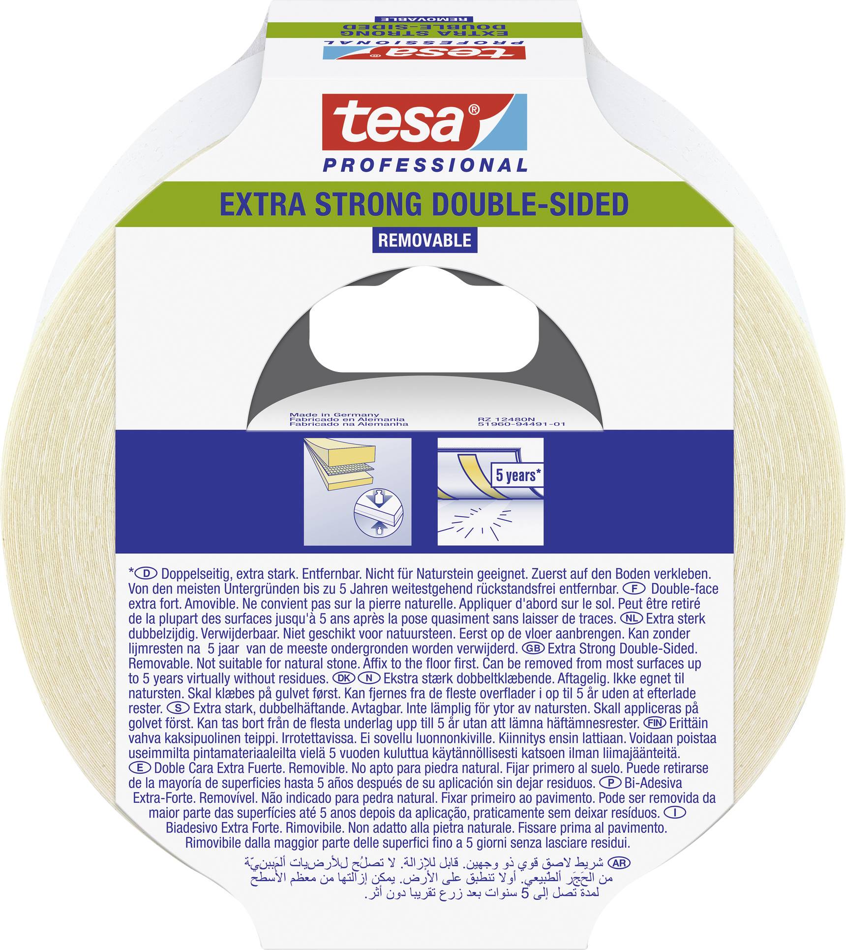 Double-sided adhesive tape by Tesa, extra strong, for professional applications, easily removable, with a durability of up to 5 years.