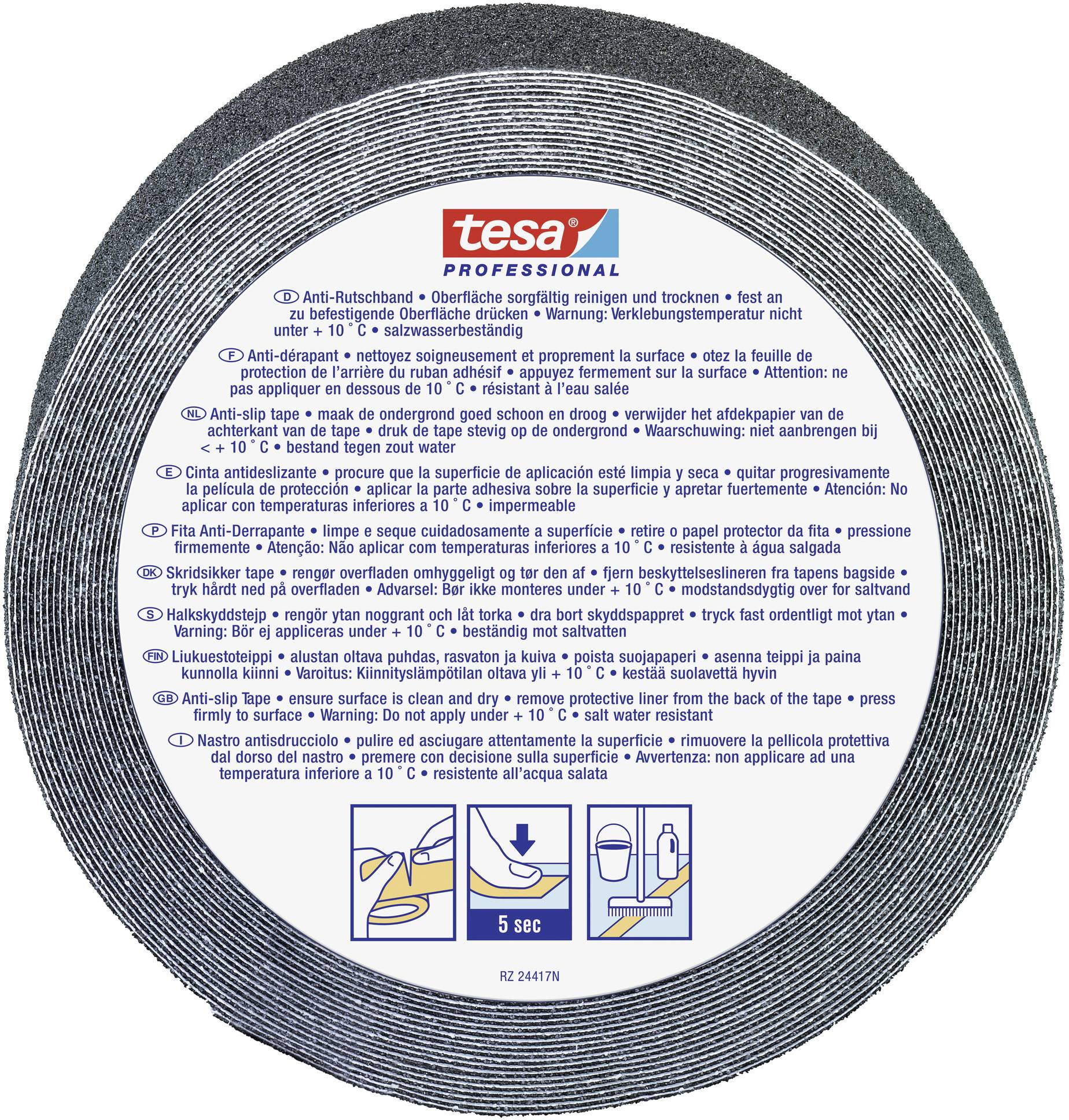 Round reel with non-slip band, surrounded by a label with multilingual instructions for tape usage and adhesion.