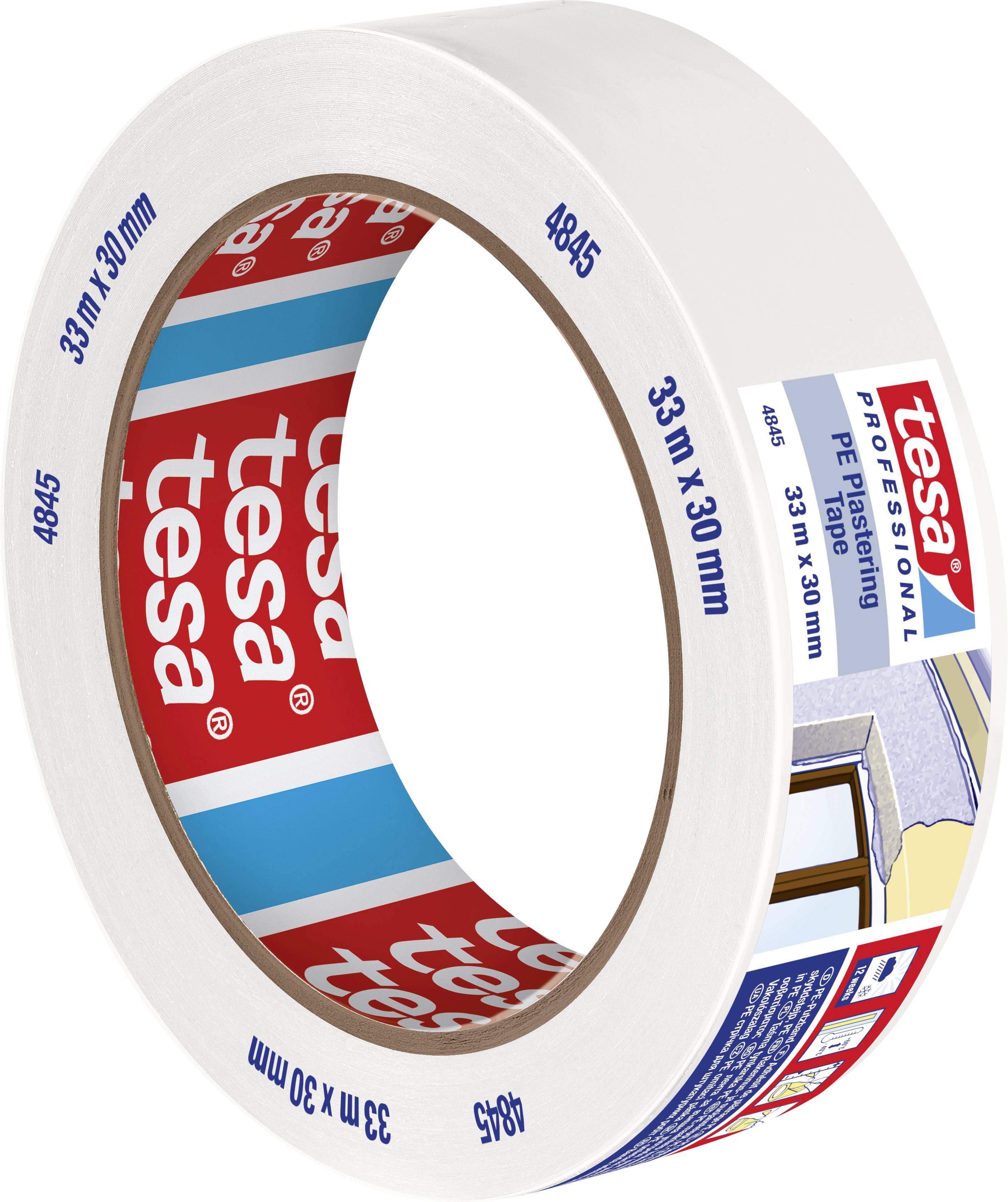 Adhesive tape roll, 33 m x 30 mm, brand 'tesa', with white and red label and instructions for professional use on construction sites.