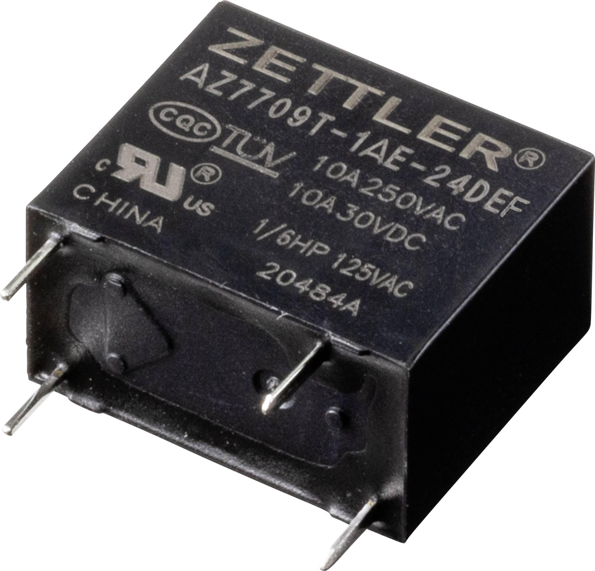 'Zettler AZ7709T-1AE-24DEF' Relay with technical specifications: 10A 250VAC, 10A 30VDC, 1/6HP 125VAC, origin from China.