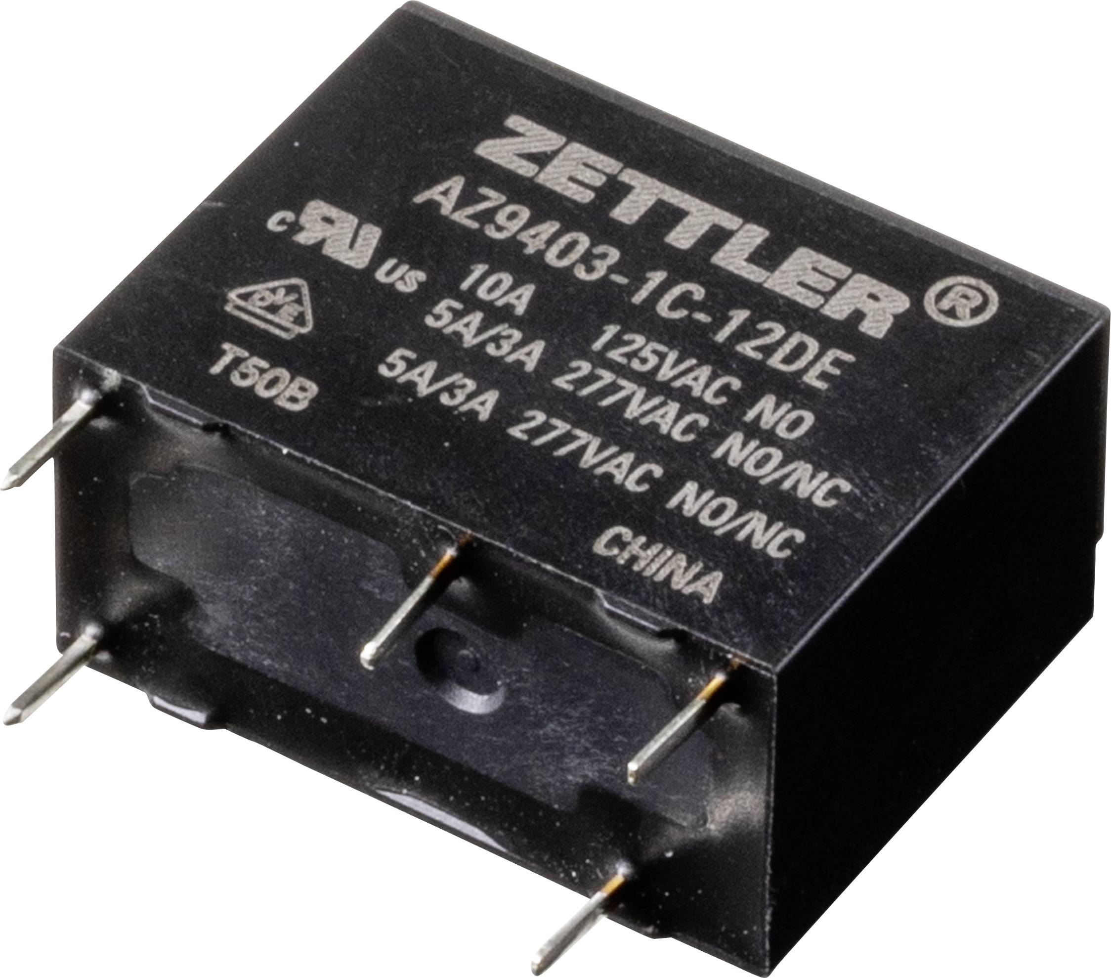 'Rectangular, black Zettler relay with four terminals; labelled with electrical specifications such as 10A, 125VAC, NO/NC.'
