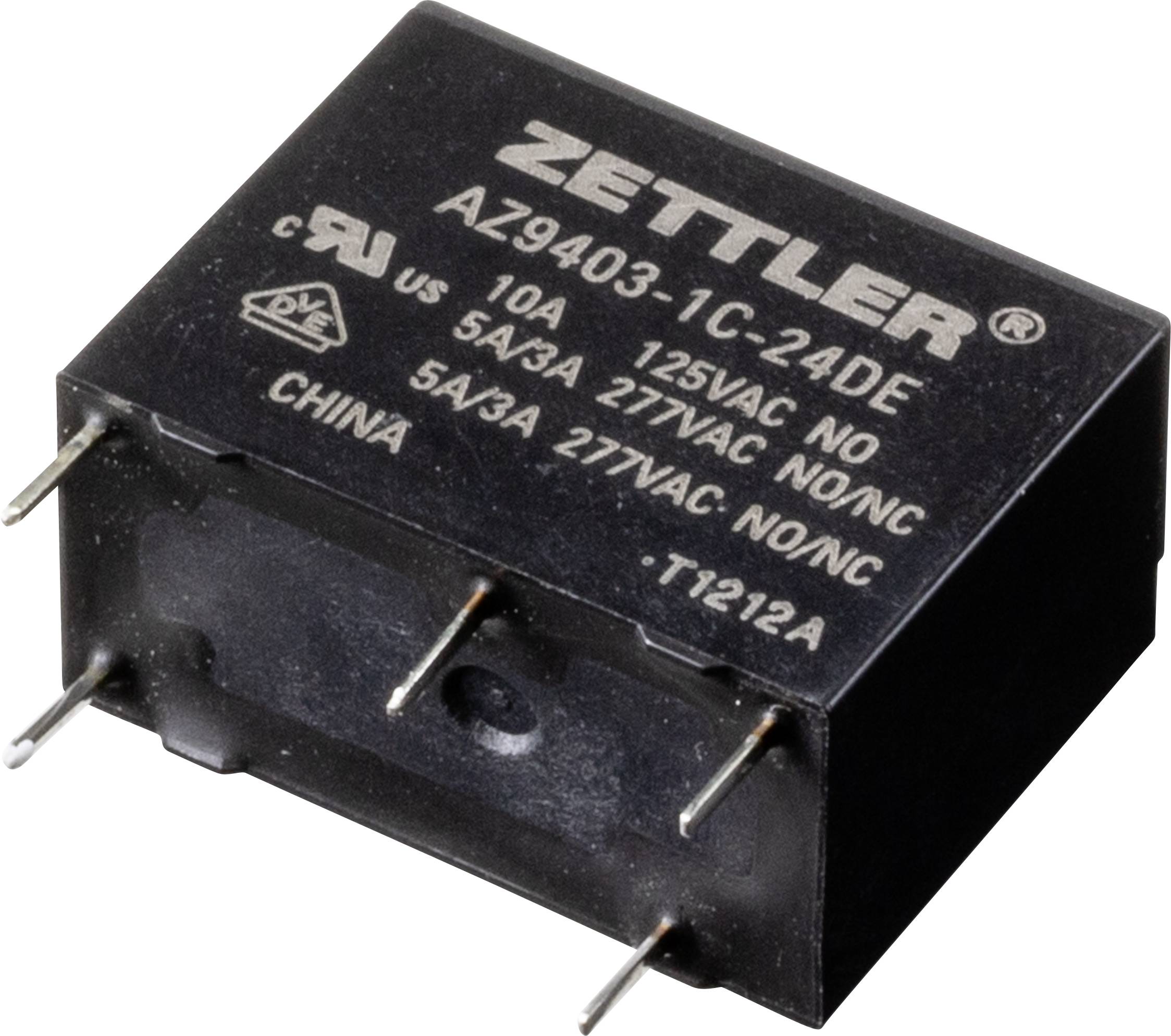 Rectangular, black electrical relay by Zettler with four metallic plug contacts and specified electrical values.