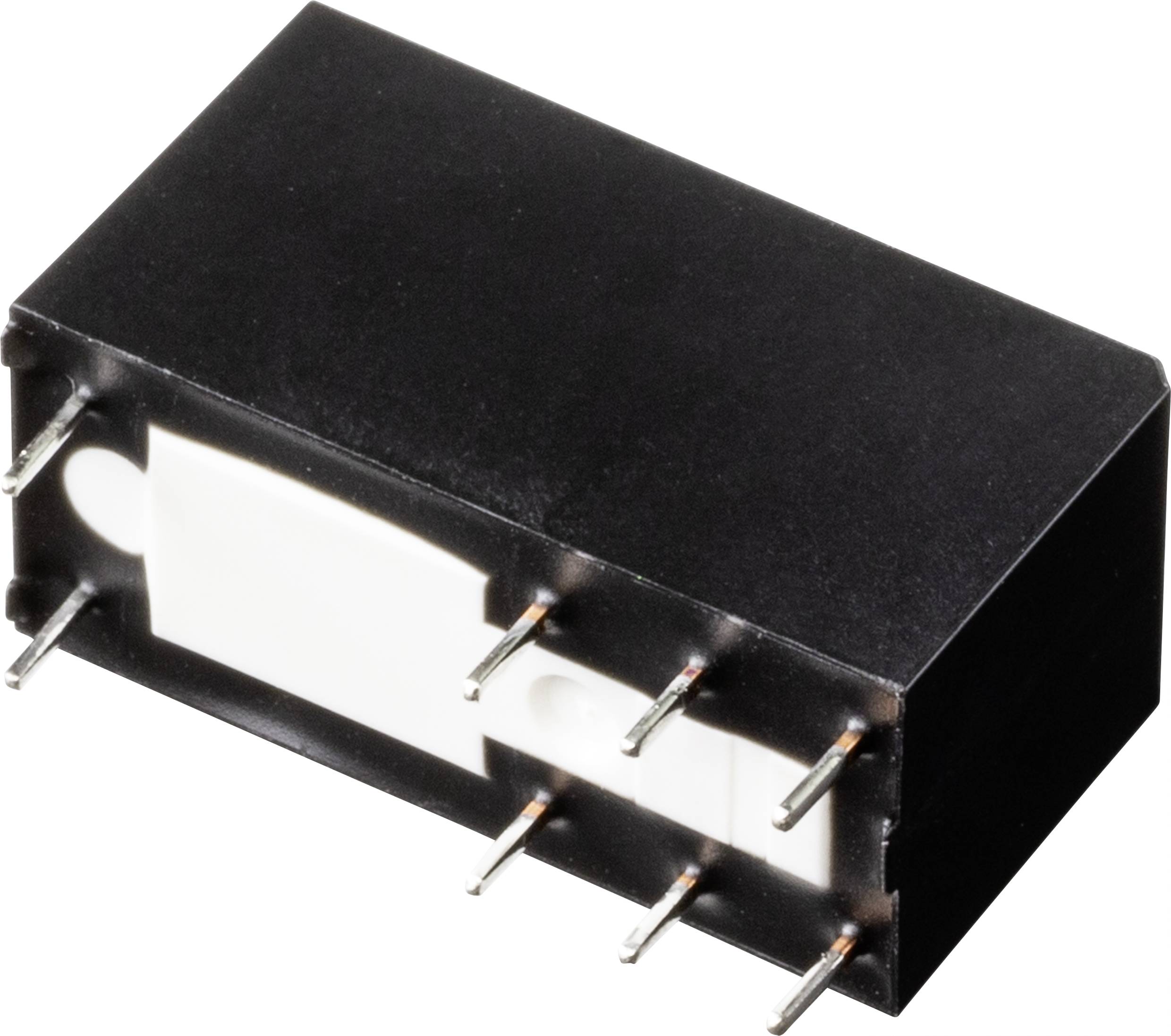 A black electronic component with eight metal pins protruding from its underside.