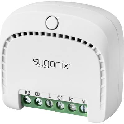 A white Sygonix sensor device with connections K2, O2, L, O1, K1, and N at the bottom, identifiable by its green connection module.