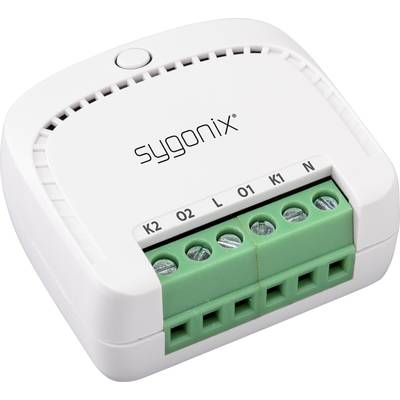 A white electrical switch by 'Sygnix' with green terminal connectors, marked as K2, O2, L, O1, K1, N.
