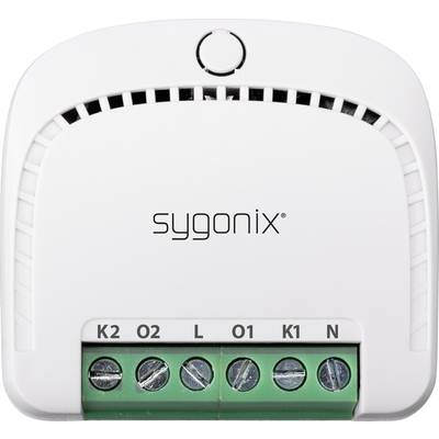 A white electronic device with 'sygonix' inscription, showing connections for K2, O2, L, O1, K1, N. Possibly a plug module.