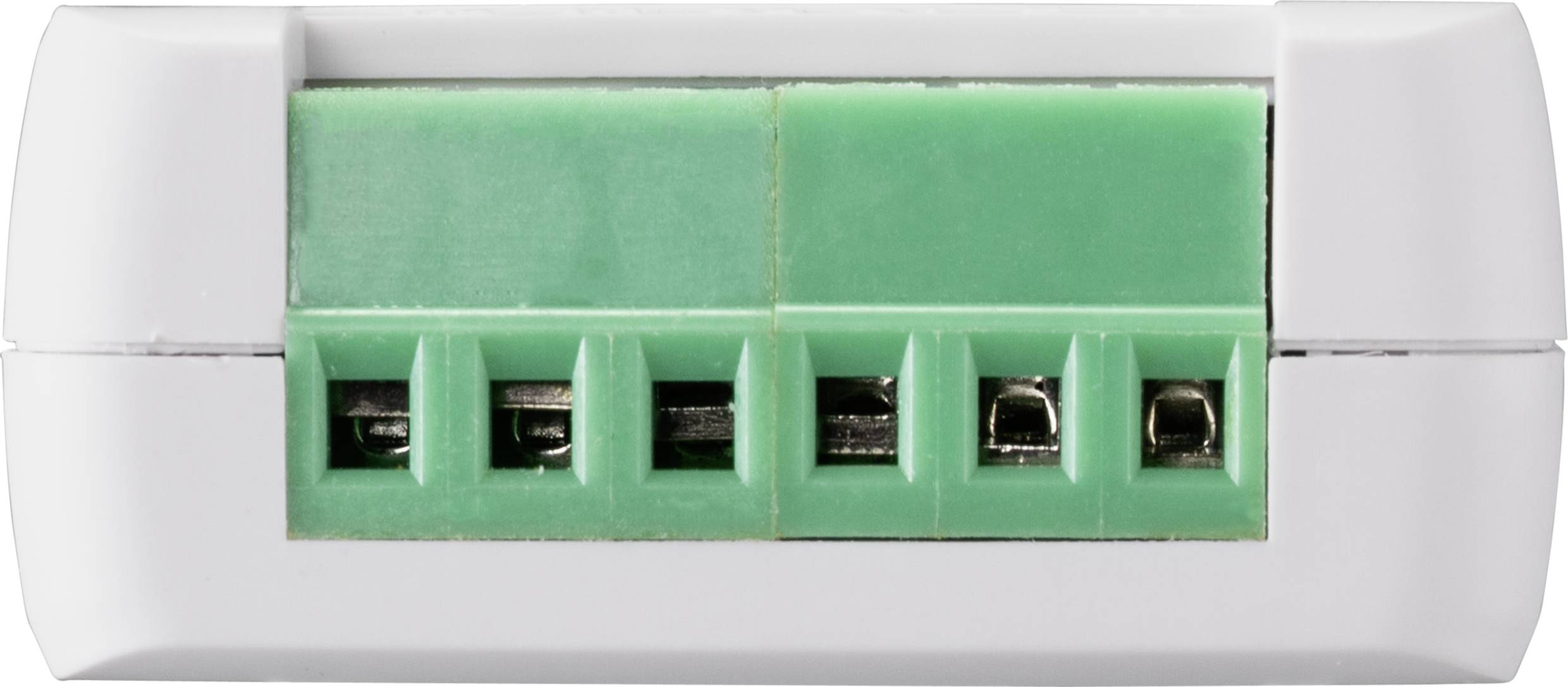 A white electrical connection device with green screw terminals, suitable for connecting four wires.