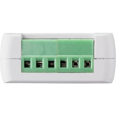 A white electrical connection device with green screw terminals, suitable for connecting four wires.