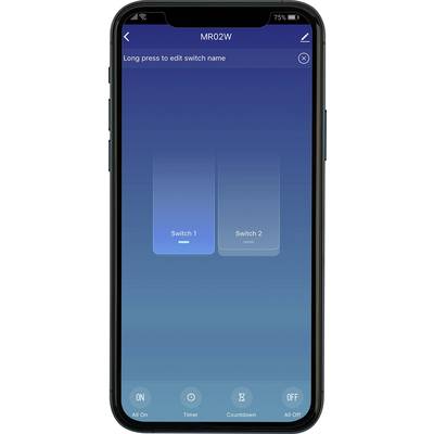 Smartphone screen shows an app for controlling light switches with the options 'Switch 1' and 'Switch 2'.