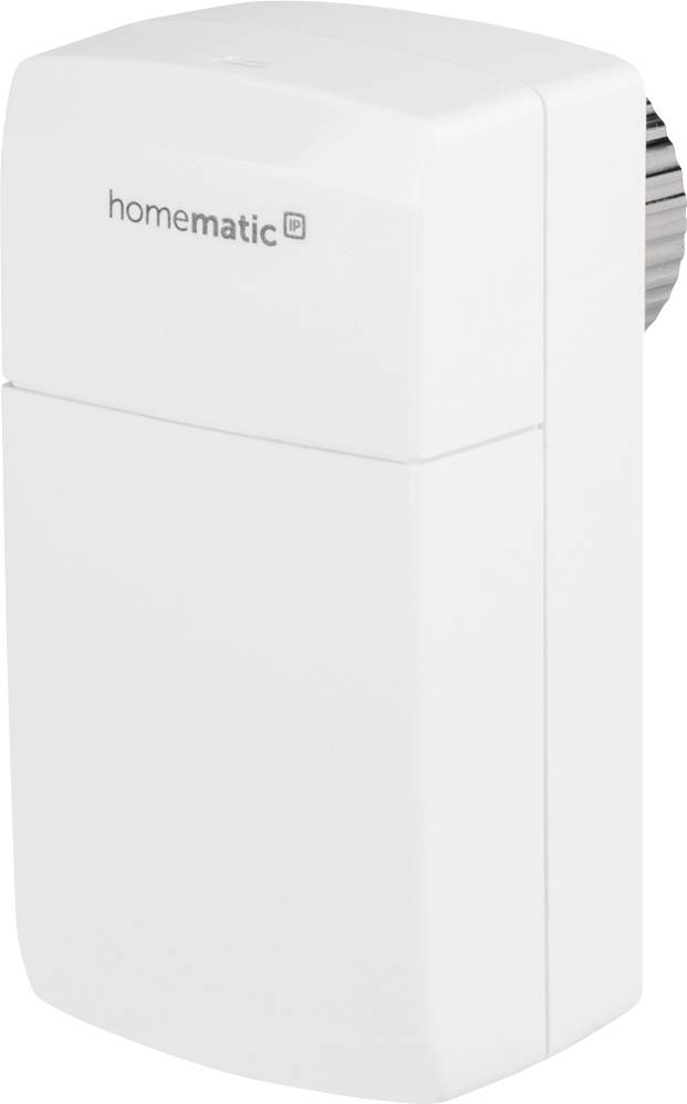 A white, rectangular Homematic radiator thermostat. It features a metal connection on the right-hand side.