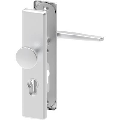 Metal door handle with a rectangular plate, a round knob, and an integrated keyhole, in silver colour.
