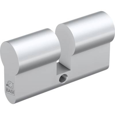 Silver-coloured door cylinder with a rectangular base and two oval ends. The brand logo 'BASI' is located in the bottom left corner.