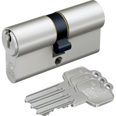 Silver double cylinder lock with black central band, accompanied by three matching keys with brand logo.