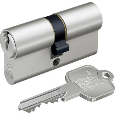 A silver double cylinder with matching key, suitable for security locks. The key features the 'BASI VERSO' logo.