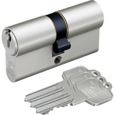 A silver double cylinder lock with a keyhole at one end and a set of three silver keys beside it, featuring 'BASI' branding.