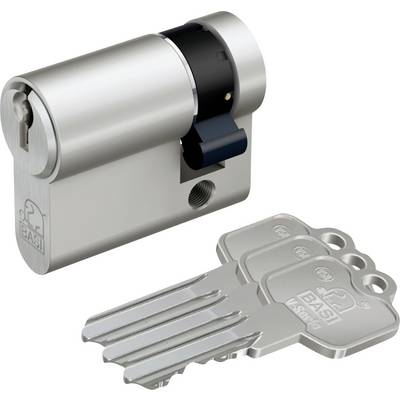 A silver lock mechanism with three matching silver keys displayed beside it, featuring the brand 'BASI' engraved on both the lock and keys.