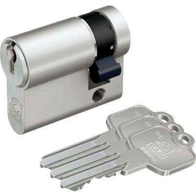 'A silver cylindrical lock with a black band next to three matching keys on a white background.'