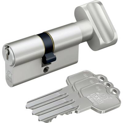 A silver door lock cylinder with a black and brass band is shown alongside three matching keys, engraved with 'BASI V-P 643.'