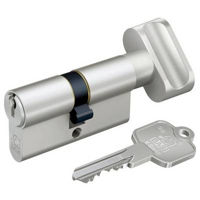 A cylinder and key system made of silver metal. The cylinder contains a keyhole, and the key has serrated edges.