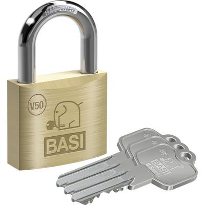 A golden padlock with the inscription 'BASI', alongside three silver keys. The lock displays an elephant symbol.