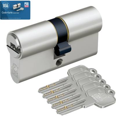 A silver cylinder lock with five keys and a code card, labeled 'BASI', suggesting a high-security lock system.