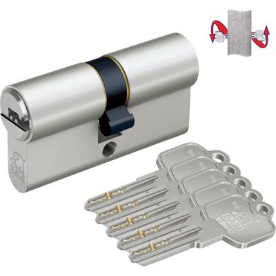 A lock cylinder with five keys. A symbol on the top right showing the rotation of the cylinder.