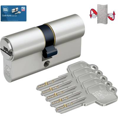 'BASI V55' cylinder lock with five keys. Includes a code card for security. Illustration shows lock installation by rotating arrows.