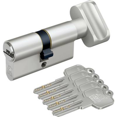 Metal cylinder lock with a key ring. Four spare keys are lying next to the lock.