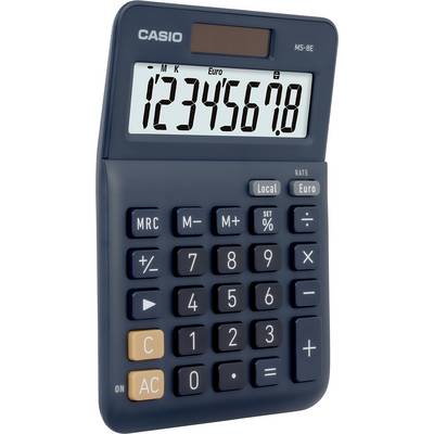 Dark blue calculator with large display showing the number '1,234,567.8'. Buttons for basic mathematical functions, including percentage and memory functions.