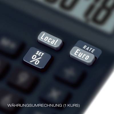 A calculator with buttons for 'Local', 'Euro' and 'SET %'. Text underneath: 'Currency conversion (1 rate)'.