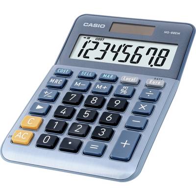 A blue desktop calculator displays the numbers '12345678' on its screen. It has special buttons for calculating costs, sales prices, and profit margins.