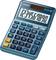 A blue calculator with a large display shows the number '1234567890'. There are buttons for mathematical operations and currency conversion.