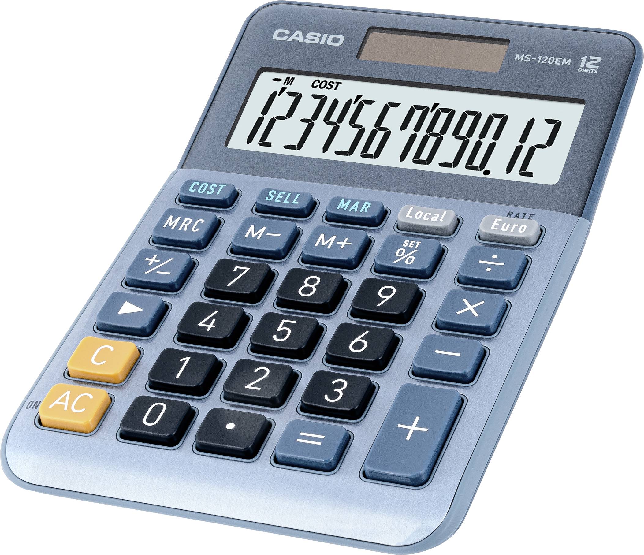 A blue desktop calculator displaying numbers. Buttons for various functions, currencies, and operations are clearly visible.