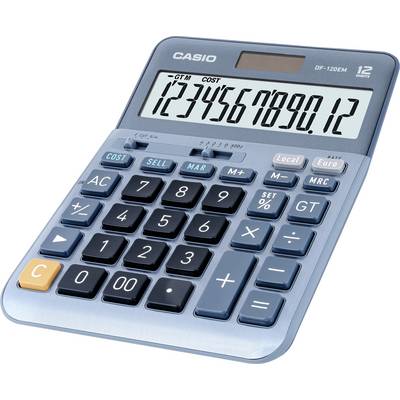 Blue calculator with a large display showing the number sequence '1234567890.12'. Buttons have various functions, such as 'COST', 'SELL', 'MAR'.
